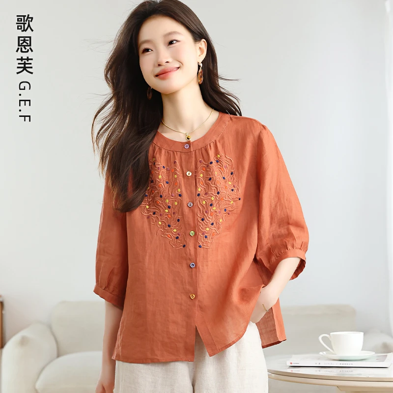 苎麻衬衫女2025新款夏季刺绣妈妈棉麻上衣阔太太洋气高贵漂亮小衫