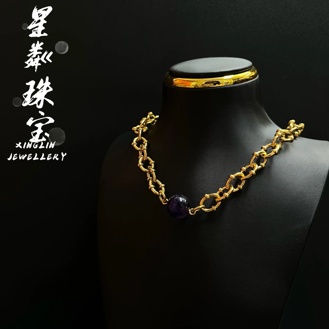 【紫气东来项链】足金999黄金5D温柔风ins风圆珠紫水水项链