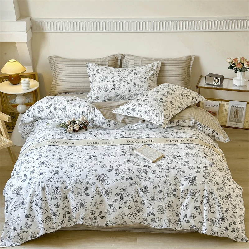 全棉纯棉斜纹棉四件套小清新印花被套四件套轻奢