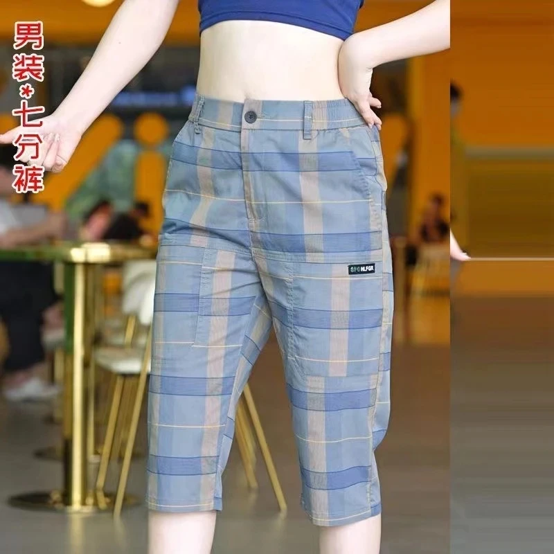 男士夏季薄款格子七分裤冰丝速干短裤潮牌透气时尚百搭六兜休闲裤