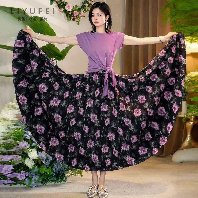 法式印花半身裙女夏2025新款雪纺a字长裙高腰显瘦百褶裙大摆裙子