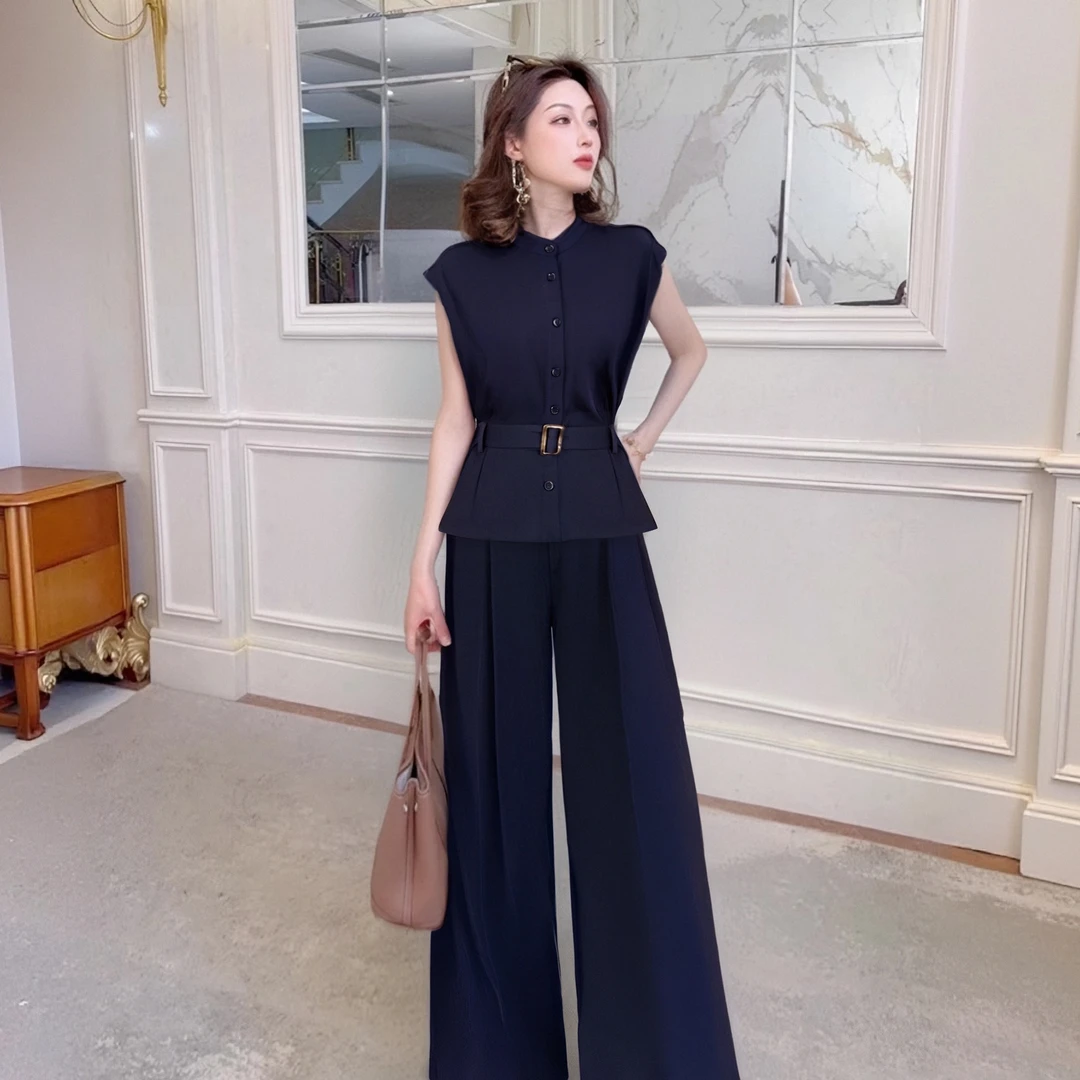 A通勤套装清爽袖慵懒风短衬衫+高腰休闲气质阔腿裤时尚轻奢D1671