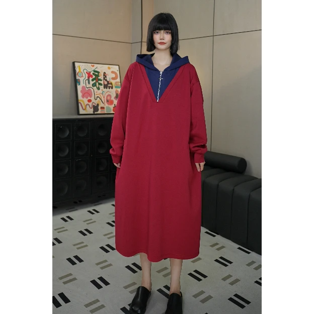 3456-气质新款宽松连帽大码时尚炸街过膝连衣大版长袖