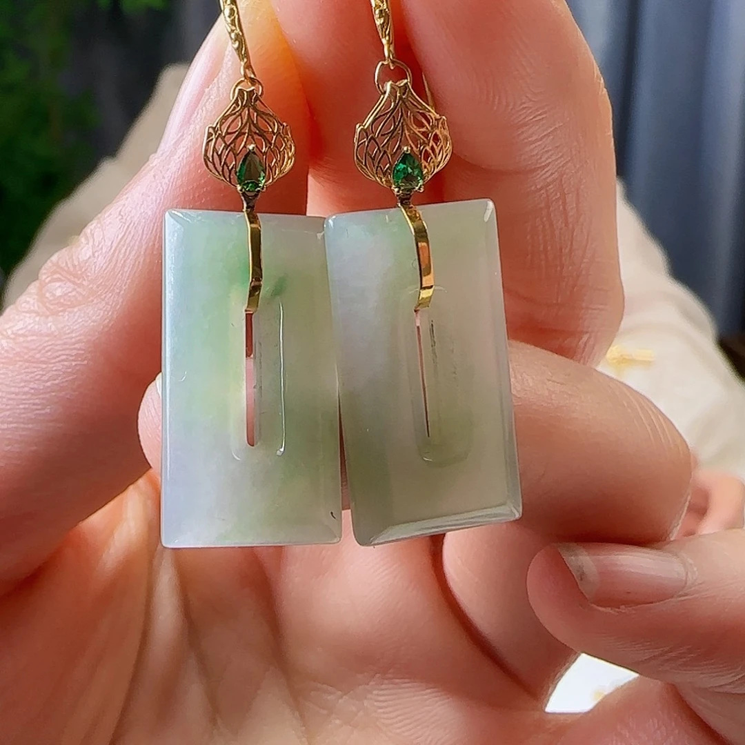 翡翠耳饰18K金镶嵌天然缅甸