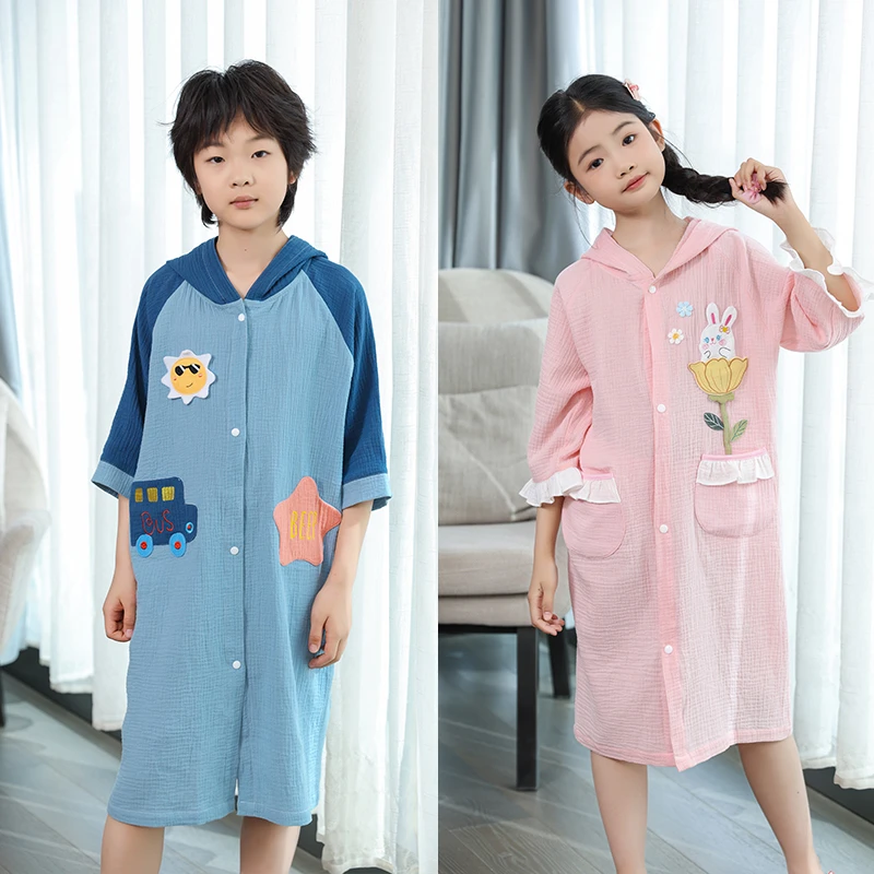 【如之纺】儿童春夏浴袍洗澡家用男女中大童纯棉纱布游泳可穿式浴巾