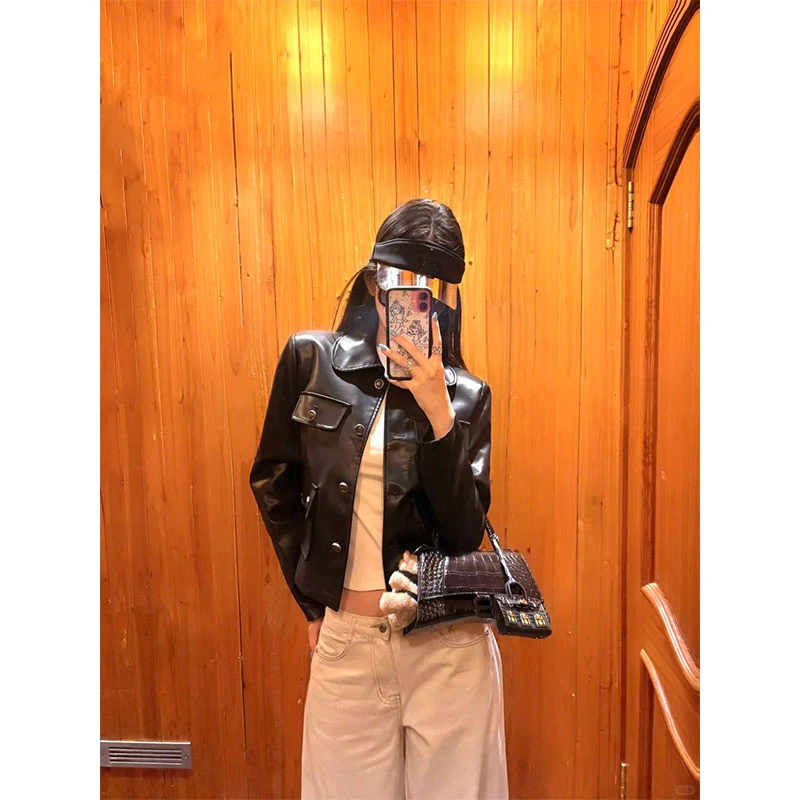 【甜酷嗲精】小香风娃娃领皮衣外套女短款夹克女+高腰阔腿直筒长裤