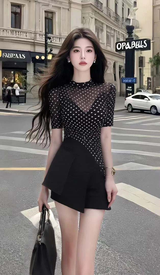 新款时尚黑色波点设计圆领修身收腰短袖连衣裙女小众设计气质女装