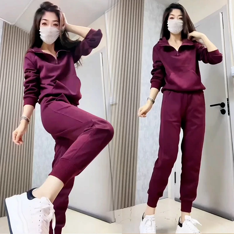 高含棉时尚运动套装服女2025年春秋新款百搭半拉链卫衣卫裤两件套