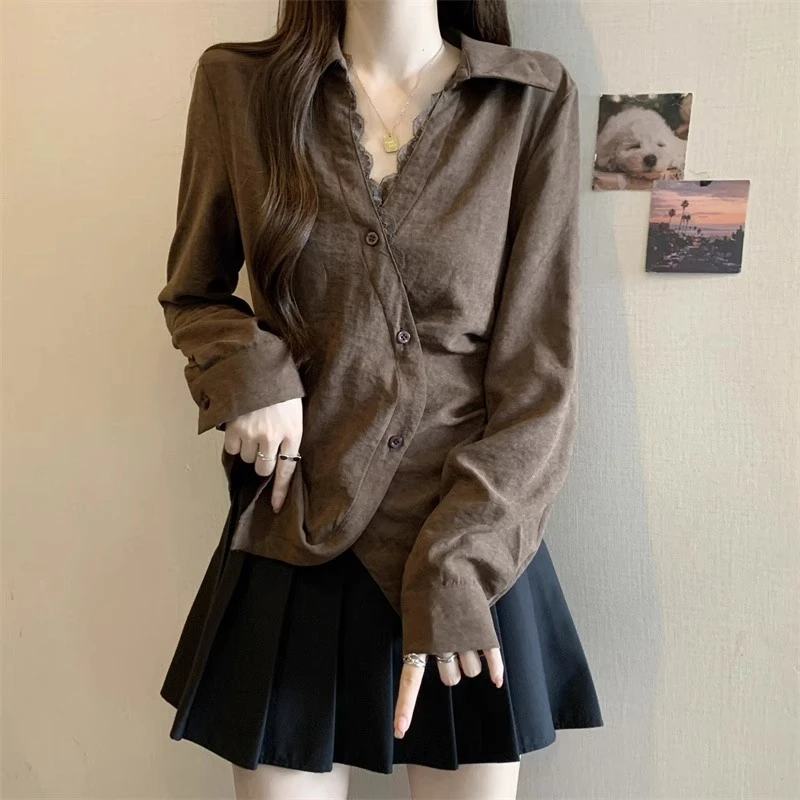 大码法式蕾丝长袖衬衫女秋季时尚复古高级感衬衣胖MM遮肉显瘦上衣