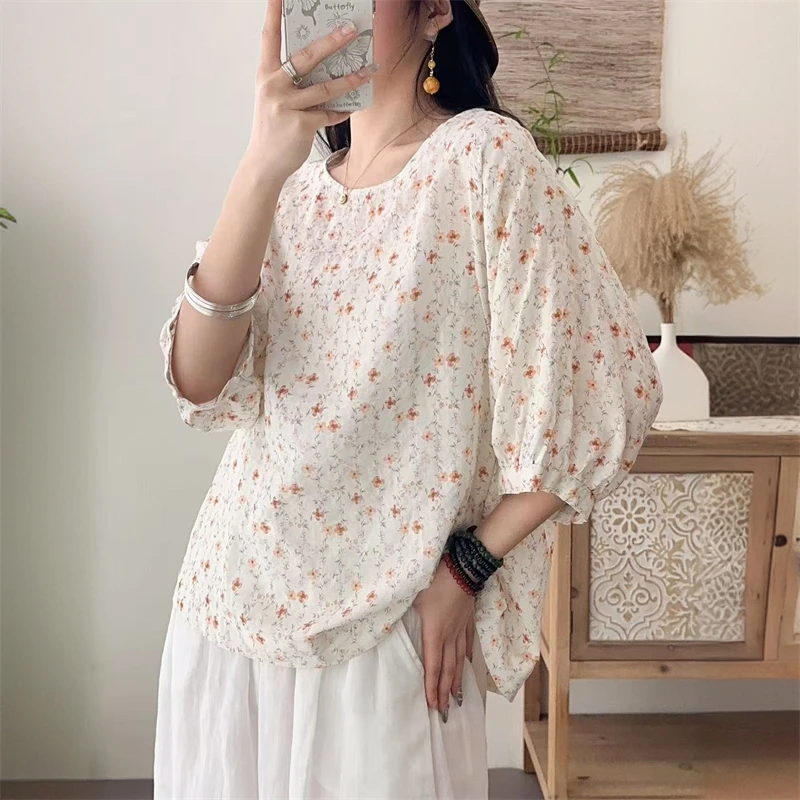 新款薄款碎花风宽松衬衫上衣圆领雪纺衫宽松型时尚洋气百搭小衫