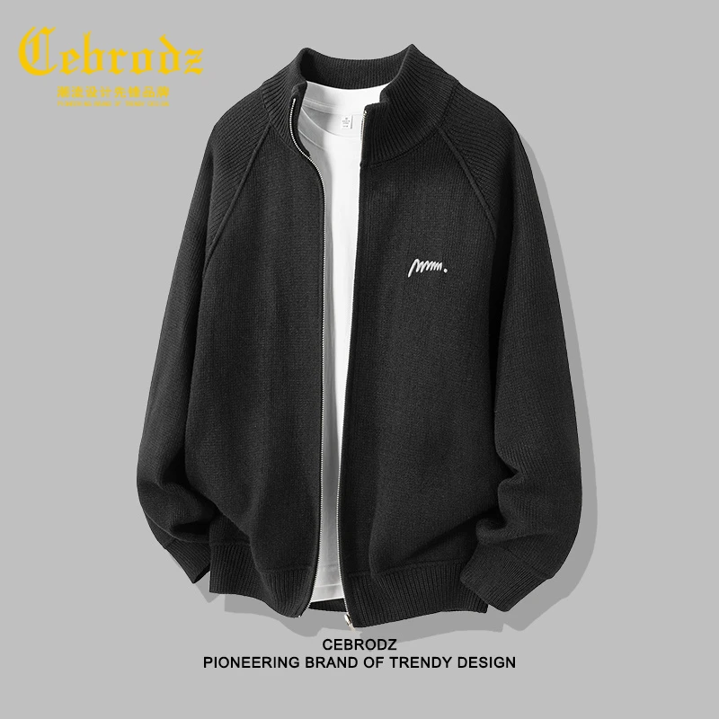 法国Cebrodz秋季立领拉链开衫针织衫男刺绣宽松商务毛衣休闲毛衫