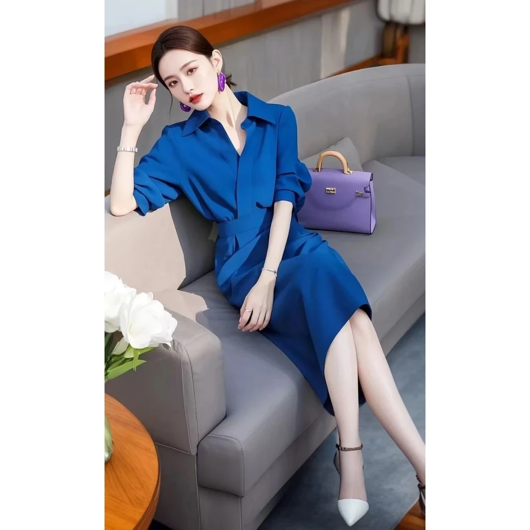 2025年春装新款独特漂亮职业气质长裙小香风克莱因蓝色衬衫连衣裙
