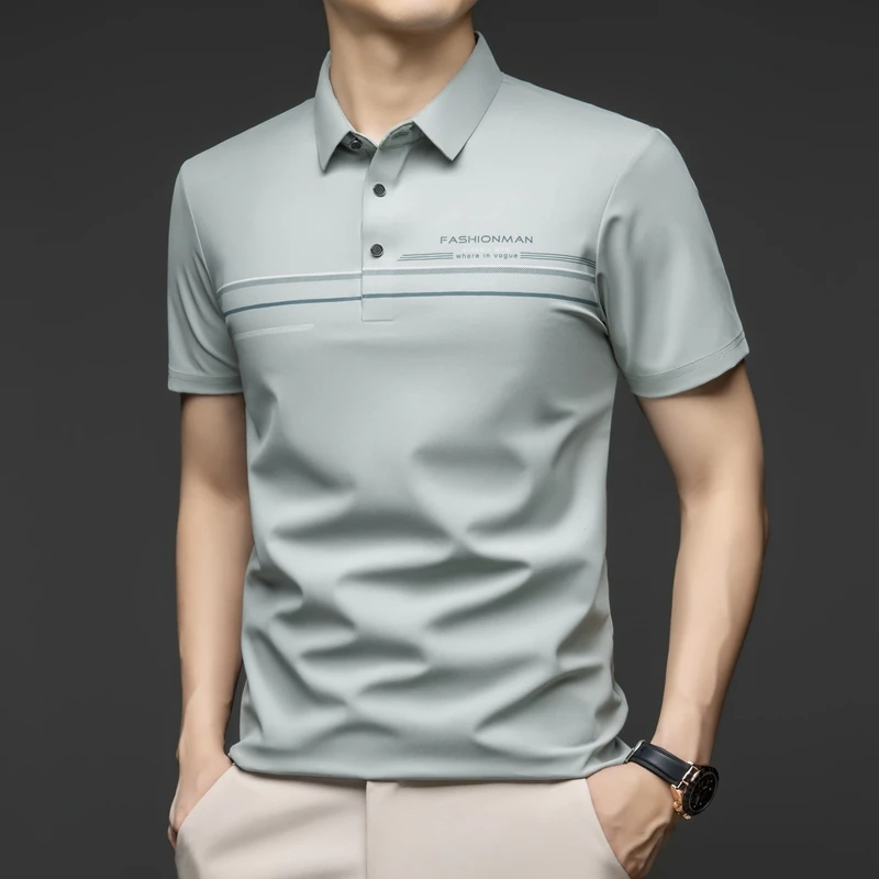 2025新款夏季高端桑蚕丝休闲商务男士翻领运动POIO衫透气宽松上衣