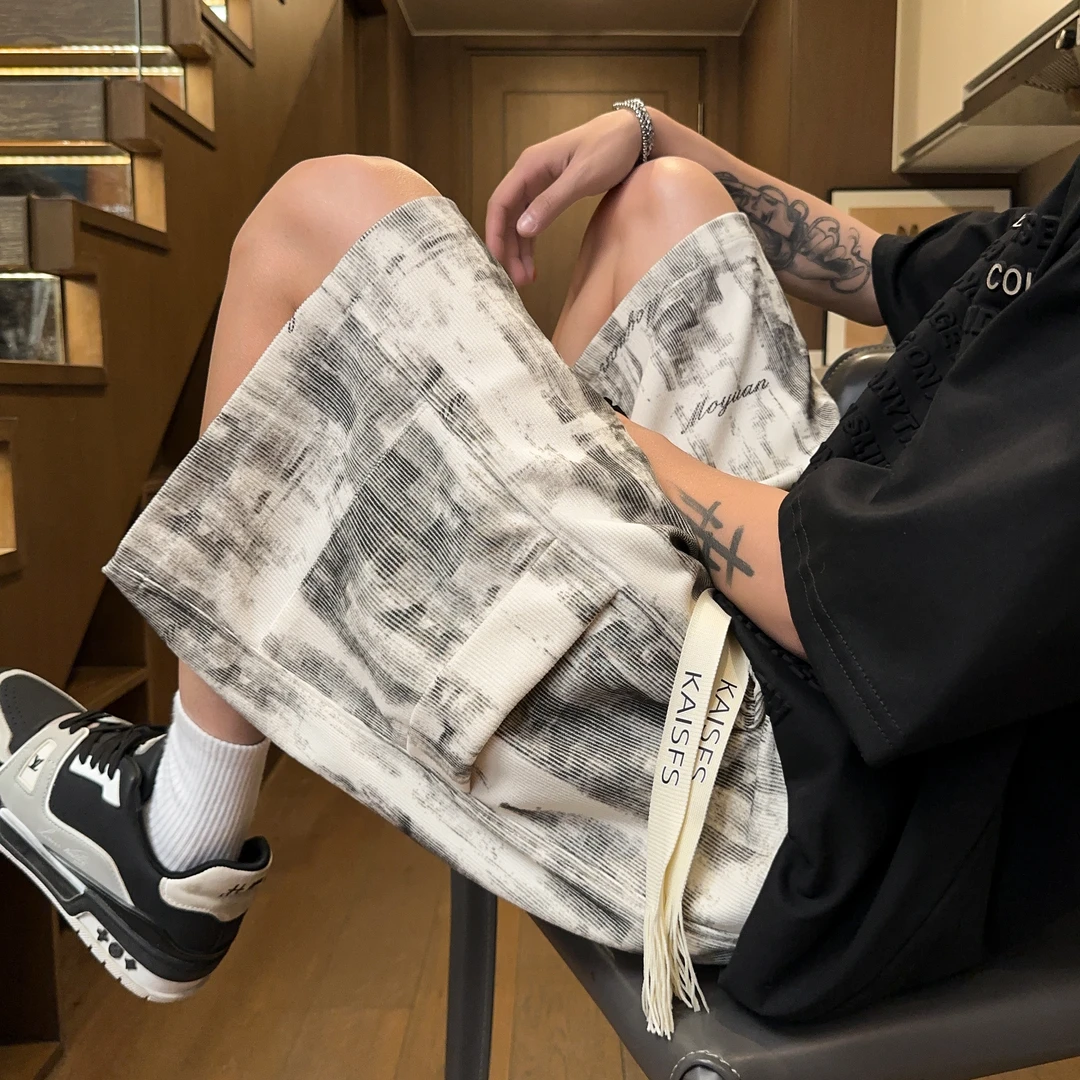 夏季美式扎染工装短裤男直筒潮流高街痞帅中裤宽松百搭休闲五分裤