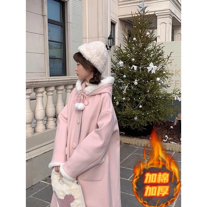 2025冬季加棉加厚粉色连帽拼接白绒边夹棉中长款毛呢外套女大衣