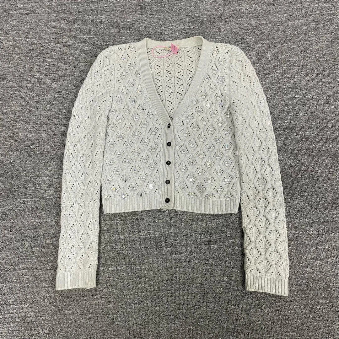 99新 MIU MIU/缪缪 带钻针织开衫 水钻 浅灰色