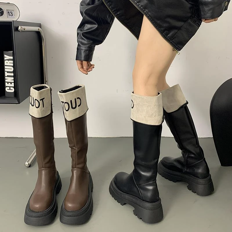 穿高跟鞋的吴大叔厚底拼色长筒靴女2025夏秋新款增高不过膝高筒骑
