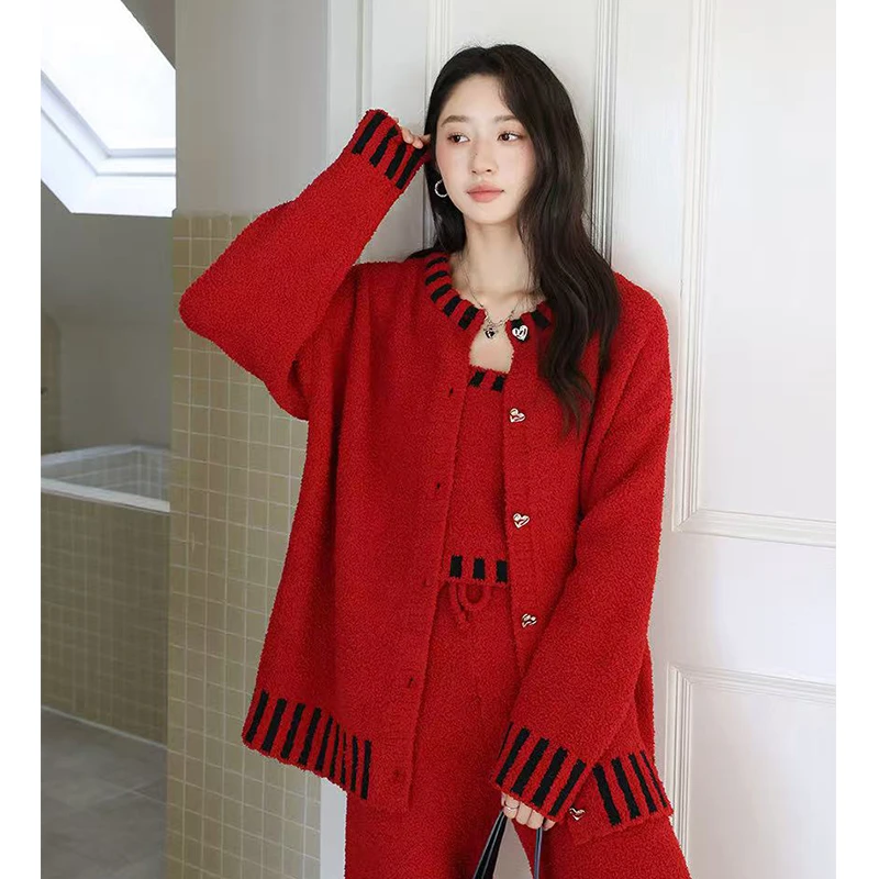 莫里伊【红底黑条纹三件套】小众时尚设计可外穿保暖睡衣家居服