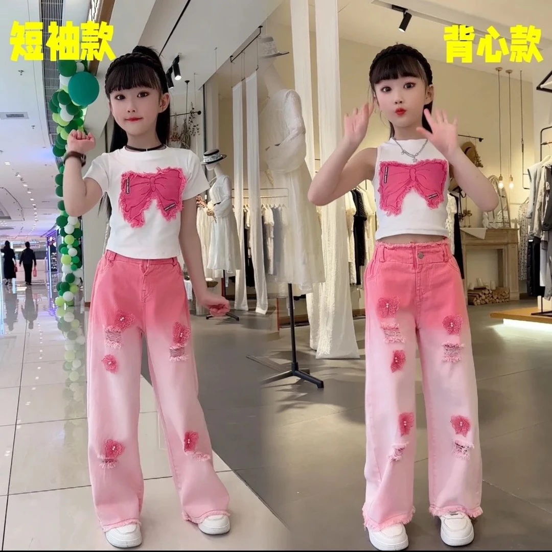 女童夏装套装新款女大童时髦短袖破洞牛仔裤多巴胺穿搭两件套