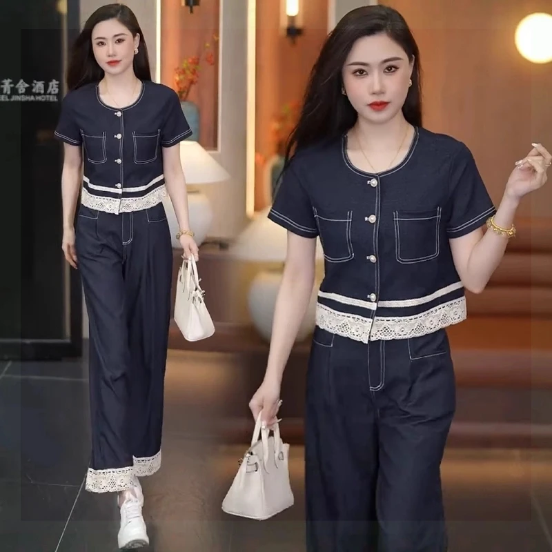 设计感韩版蕾丝拼接牛仔套装女2025春夏新款小个子洋气时尚两件套