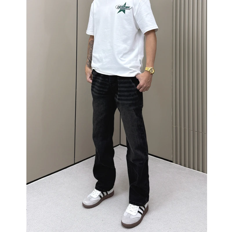 WK叁金【小个子牛仔裤】做旧黑松紧腰男四季百搭潮流休闲直筒长裤