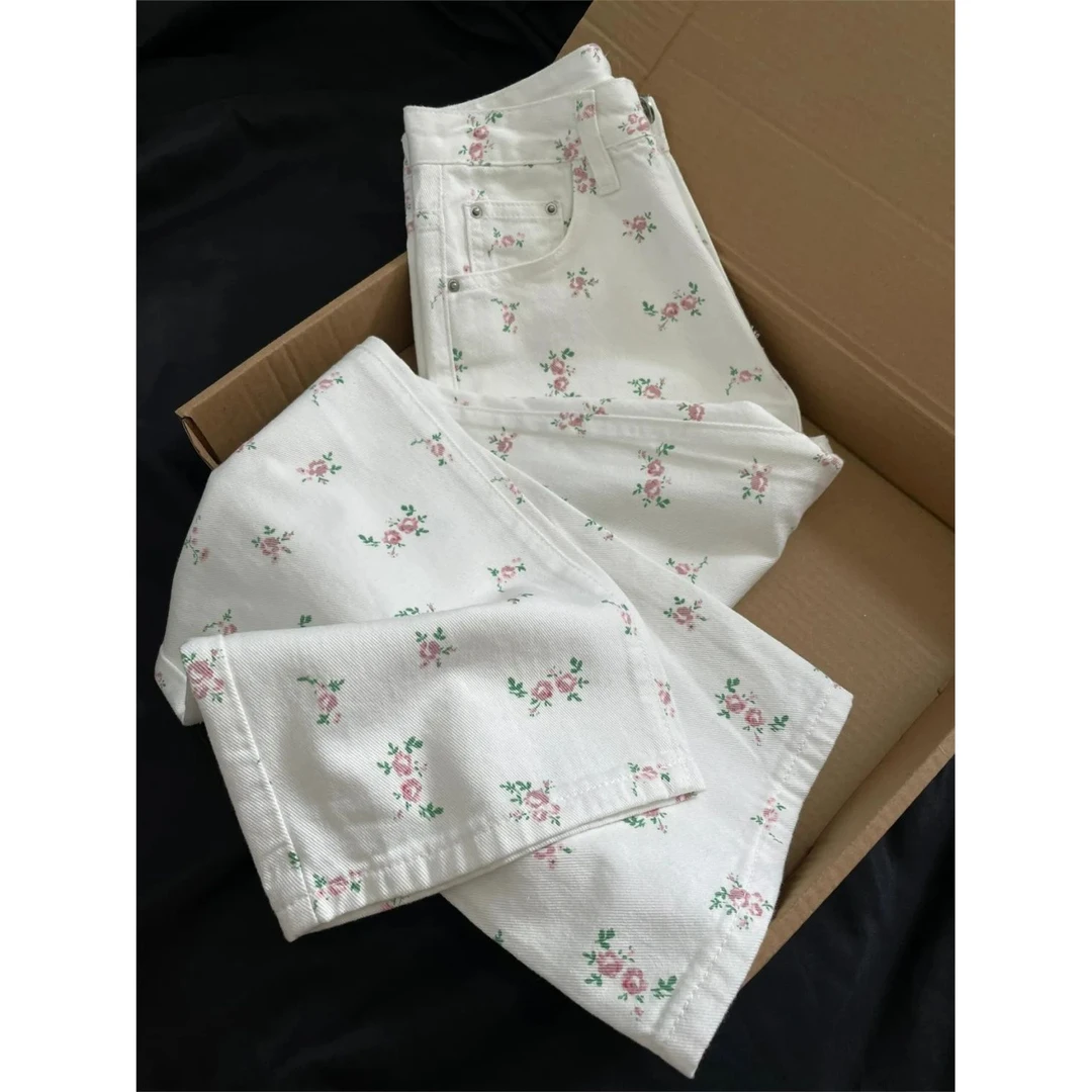 【2413人好评】碎花直筒牛仔裤女夏季薄款宽松高腰遮跨显瘦休闲阔