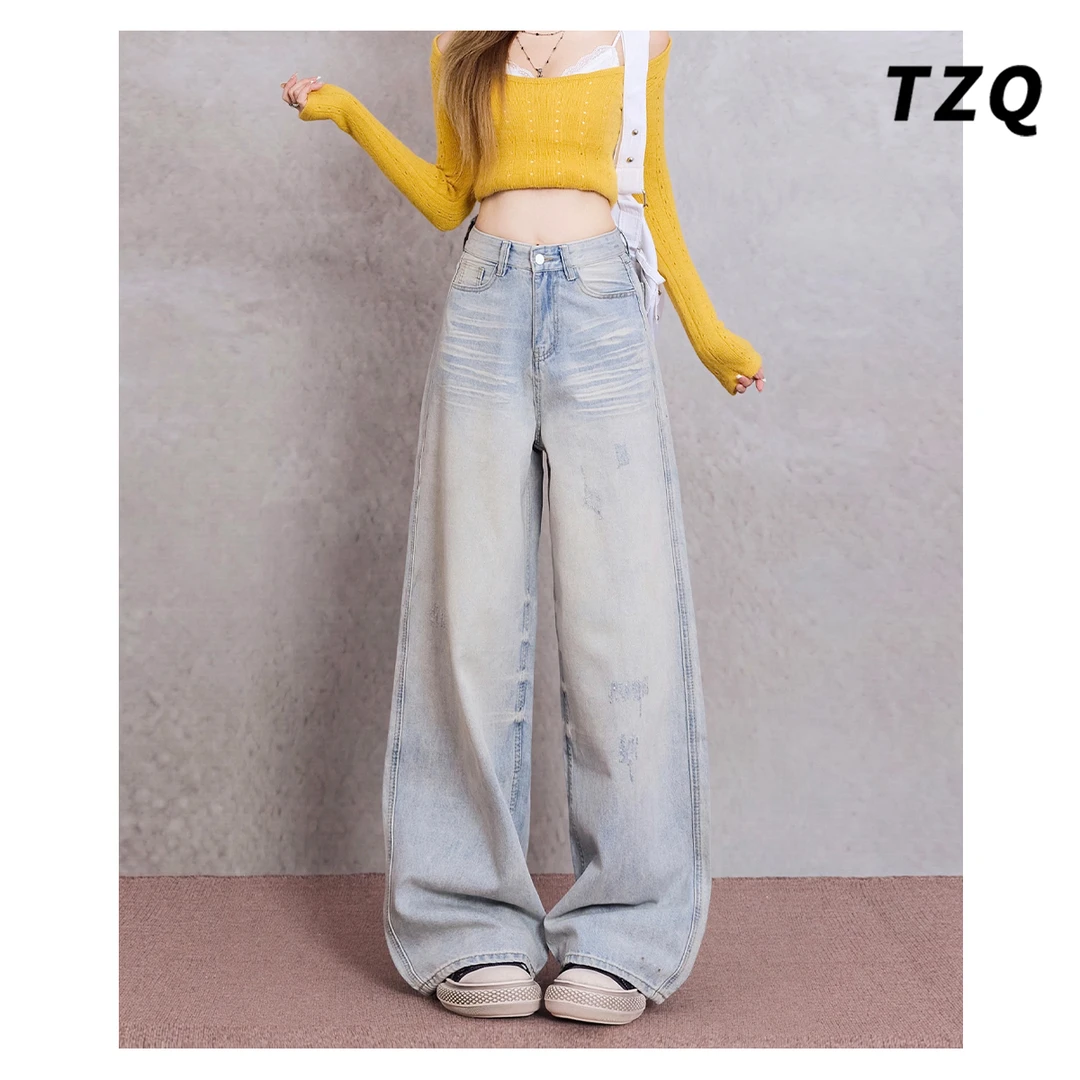 美式辣妹阔腿牛仔裤女款秋季新款水洗高街宽松直筒裤子TZQ2581325