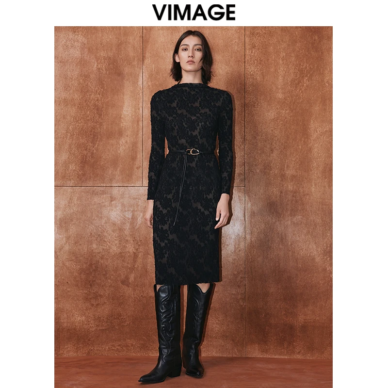 VIMAGE纬漫纪秋季新款时尚优雅通勤显瘦收腰蕾丝连衣裙V2007615