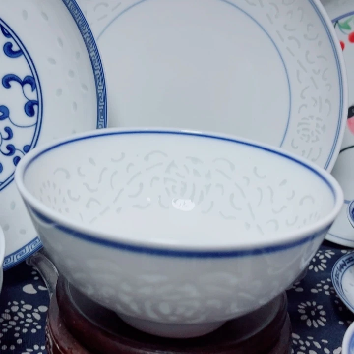 青花玲珑5寸饭碗满雕双福双线