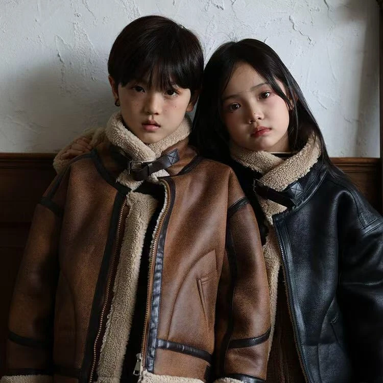 男童女童外套秋冬装2025新款冬季皮衣夹克皮毛一体加绒加厚上衣