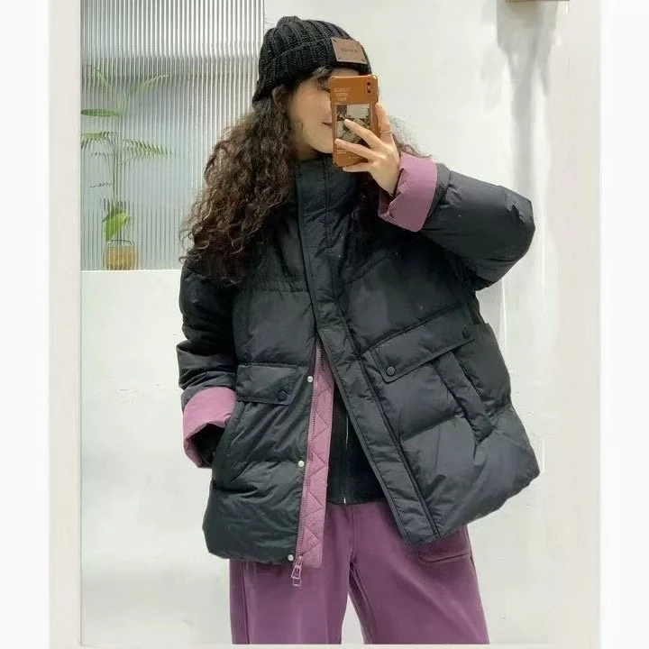 冬季羽绒服女款女中长款2025新款撞色立领加厚宽松韩版鸭绒外套