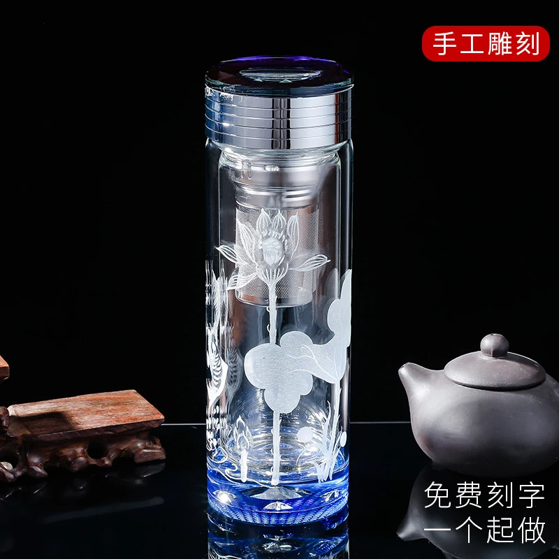 高档商务礼品杯男士水晶杯子茶杯双层隔热玻璃杯水杯定制礼盒刻字