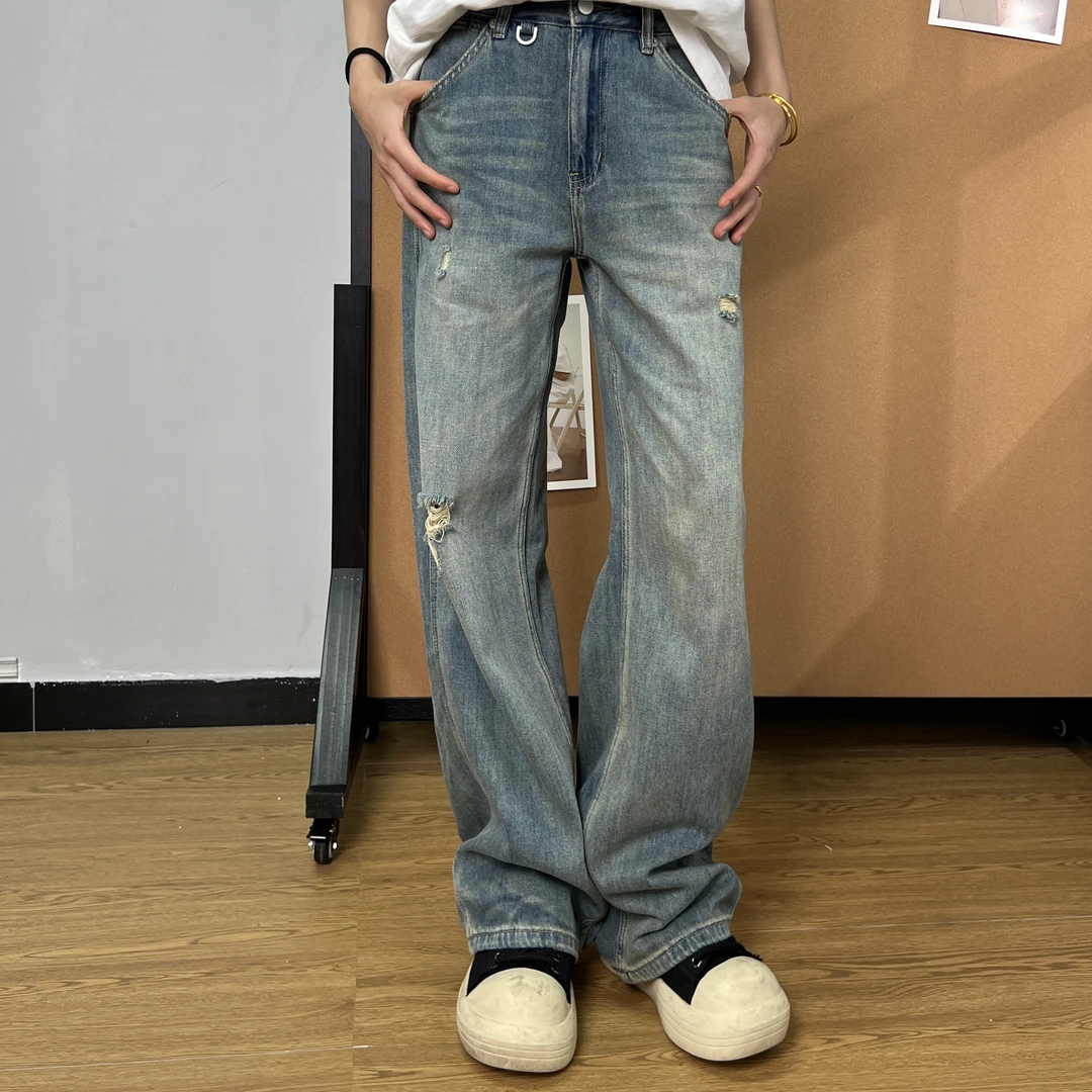 【KUAAO】美式复古2025春季浅色破洞牛仔裤男直筒宽松休闲长裤-8003