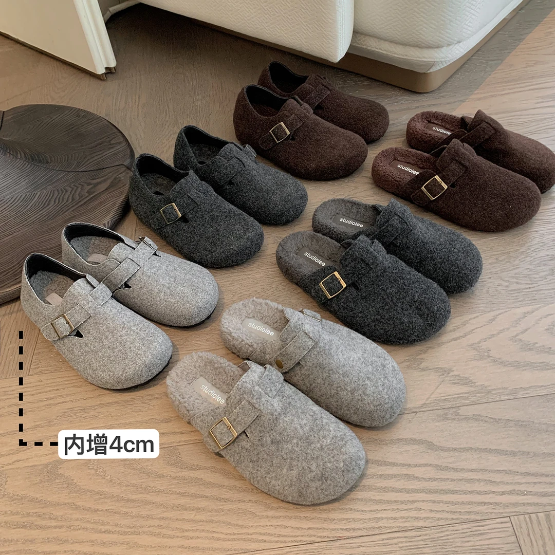 葡萄妈studiolee 保暖加绒内增高毛毛半拖外穿厚底勃肯女鞋秋冬款