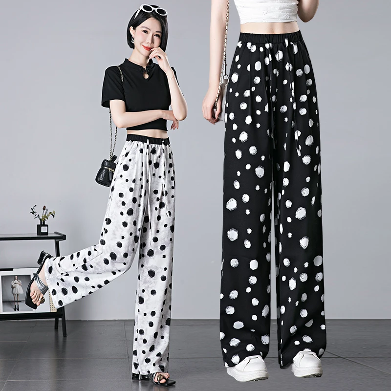 夏季高腰垂感薄款大码阔腿裤波点时尚宽松显瘦百搭印花拖地休闲裤