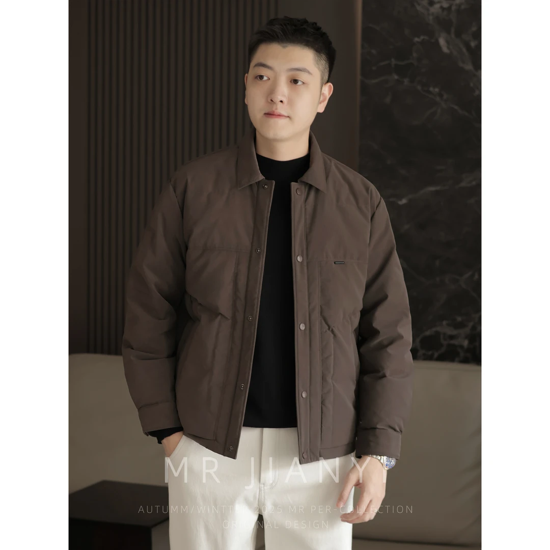 MR JIANYI 冬季90白鸭绒PU皮翻领短廓羽绒服商务休闲夹克外套男士