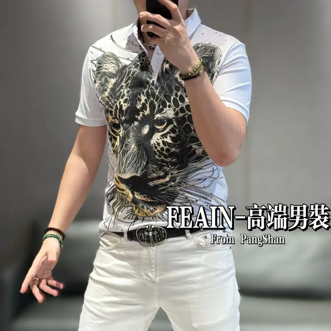 高端欧货幻彩印花奥钻点缀金钱豹男士短袖Polo1939