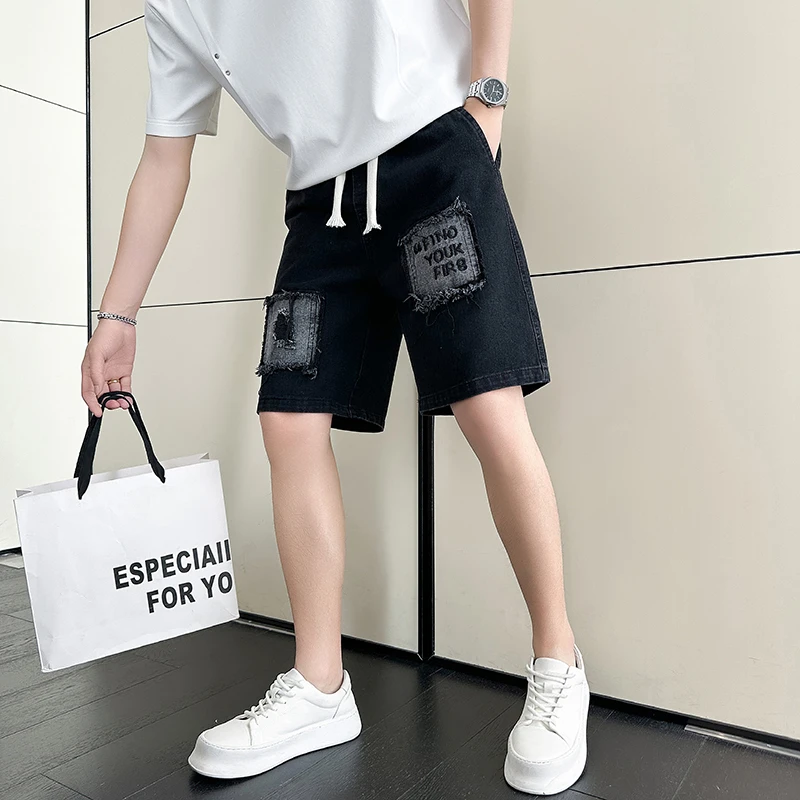 殿若设计感贴布刺绣牛仔短裤男夏季潮牌百搭休闲裤新款直筒五分裤