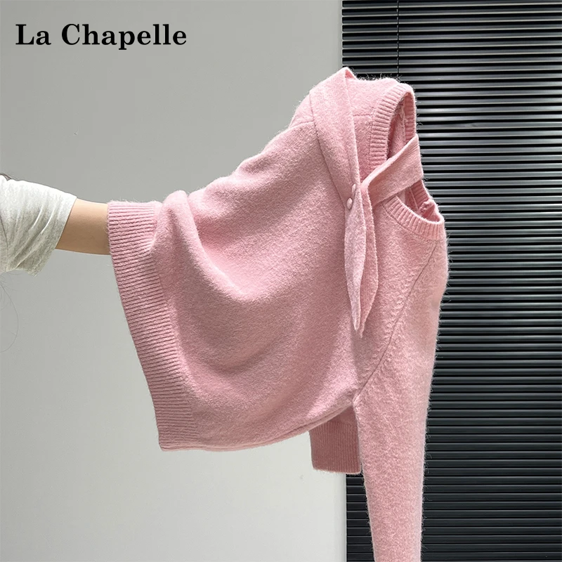 拉夏贝尔粉色圣诞氛围感围巾圆领套头毛衣女秋冬季宽松加厚针织衫