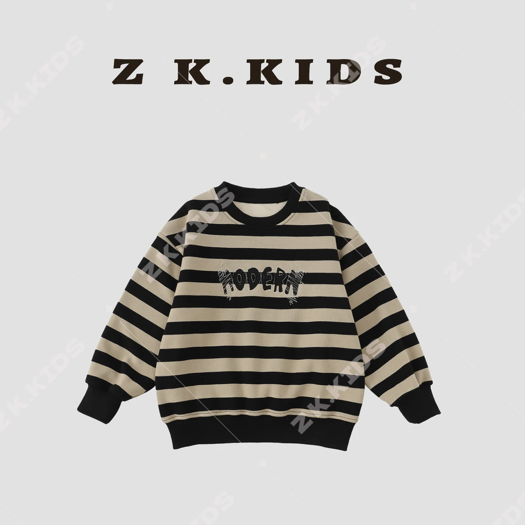 【Z＆K】冬款男童加绒保暖卫衣中大童经典条纹拼色ZK-220750