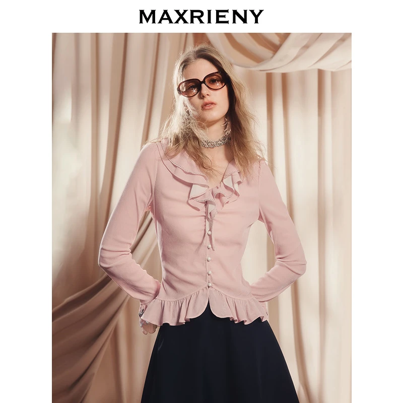 【商场同款】MAXRIENY法式复古穿搭25秋款荷叶边领收腰长袖上衣女