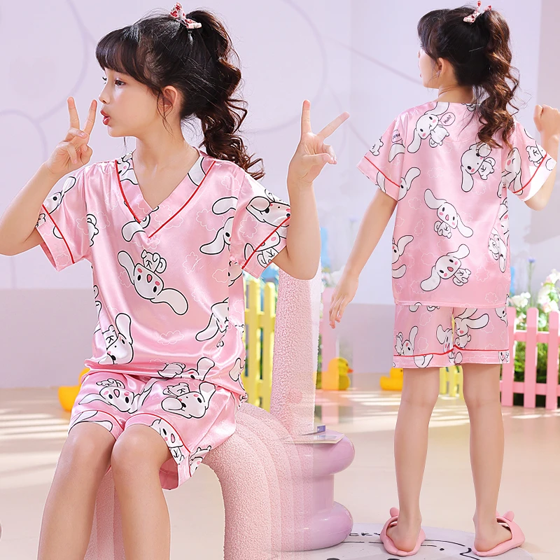 短袖儿童睡衣女童冰丝家居服中大童玉桂狗女孩薄款童装女宝宝夏季