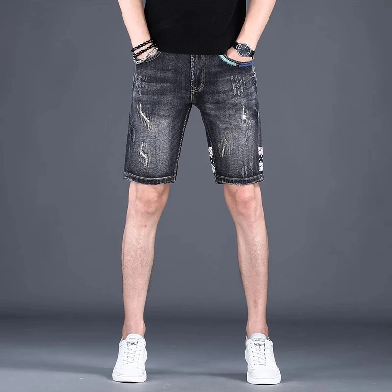 Cebrodz香港高端印花牛仔短裤男士五分裤夏季新款潮牌复古修身裤