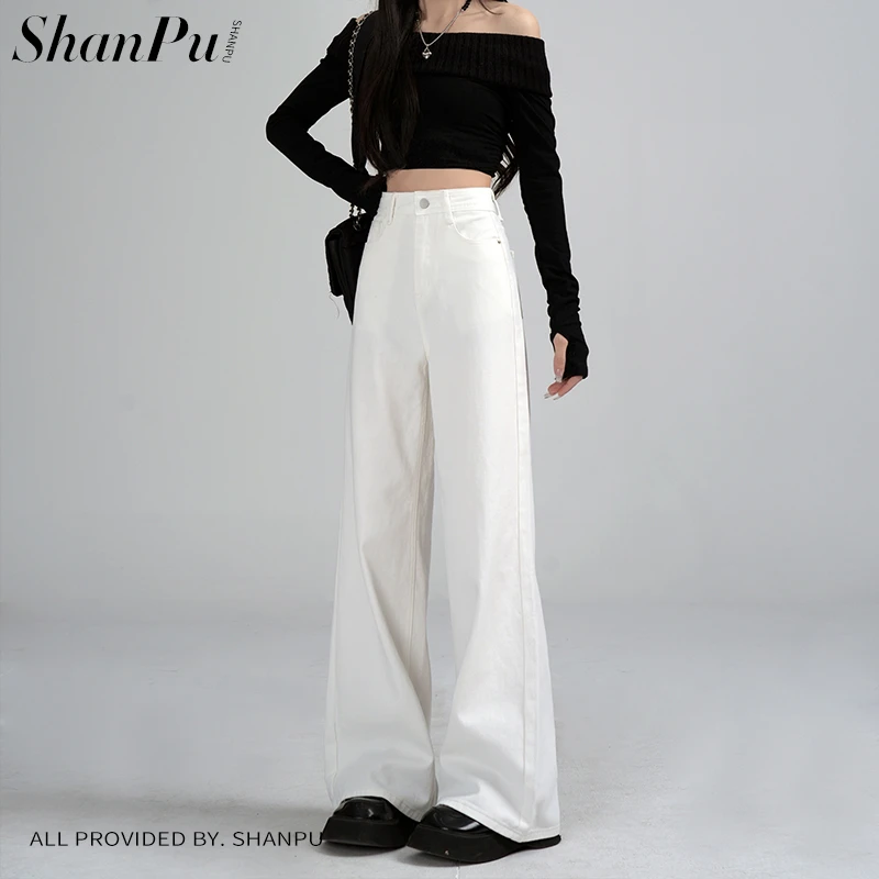 【穿搭号专属】高腰白色牛仔裤女款爆款2025春季新款宽松阔腿筒喇裤