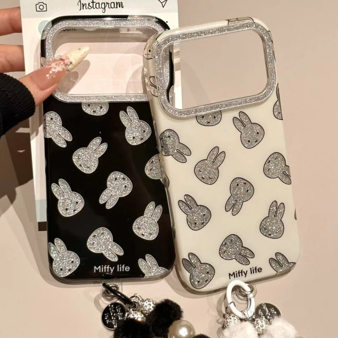 卡通可爱黑白闪粉米菲兔双面壳适用苹果17promax/16pro/15/14防摔