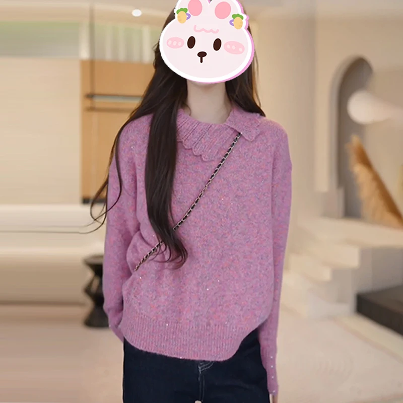 韩系简约纯色百搭宽松针织衫女2025冬季新款减龄显瘦休闲长袖上衣