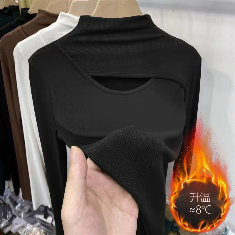 莫代尔棉春秋半高领大码修身内搭T恤镂空内搭黑色打底衫女打底衫
