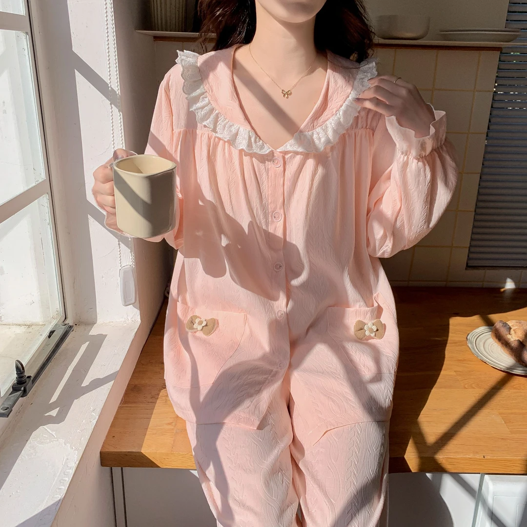 春季新款睡衣女长袖长裤法式花边甜美简约女士家居服套装秋冬薄款