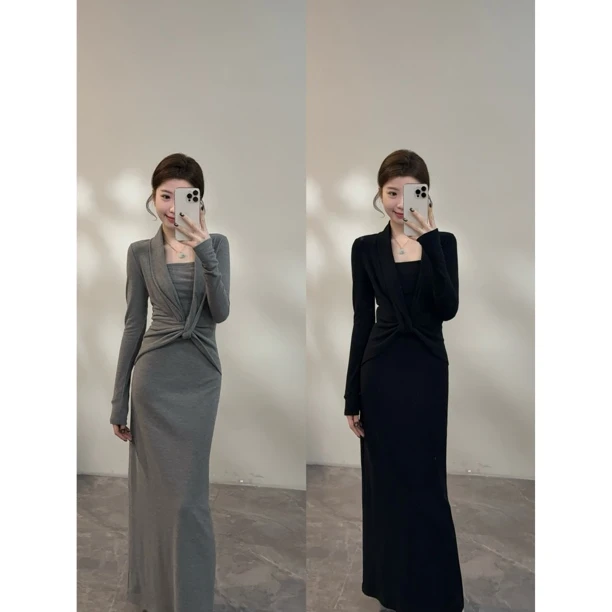 【颂宋】 秋冬新款扭结设计V领两件修身显瘦连衣裙直筒裙DT1732