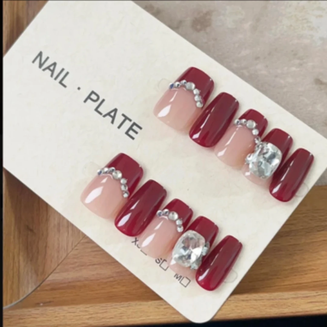 手工定制穿戴甲红酒色显白气质美甲贴片